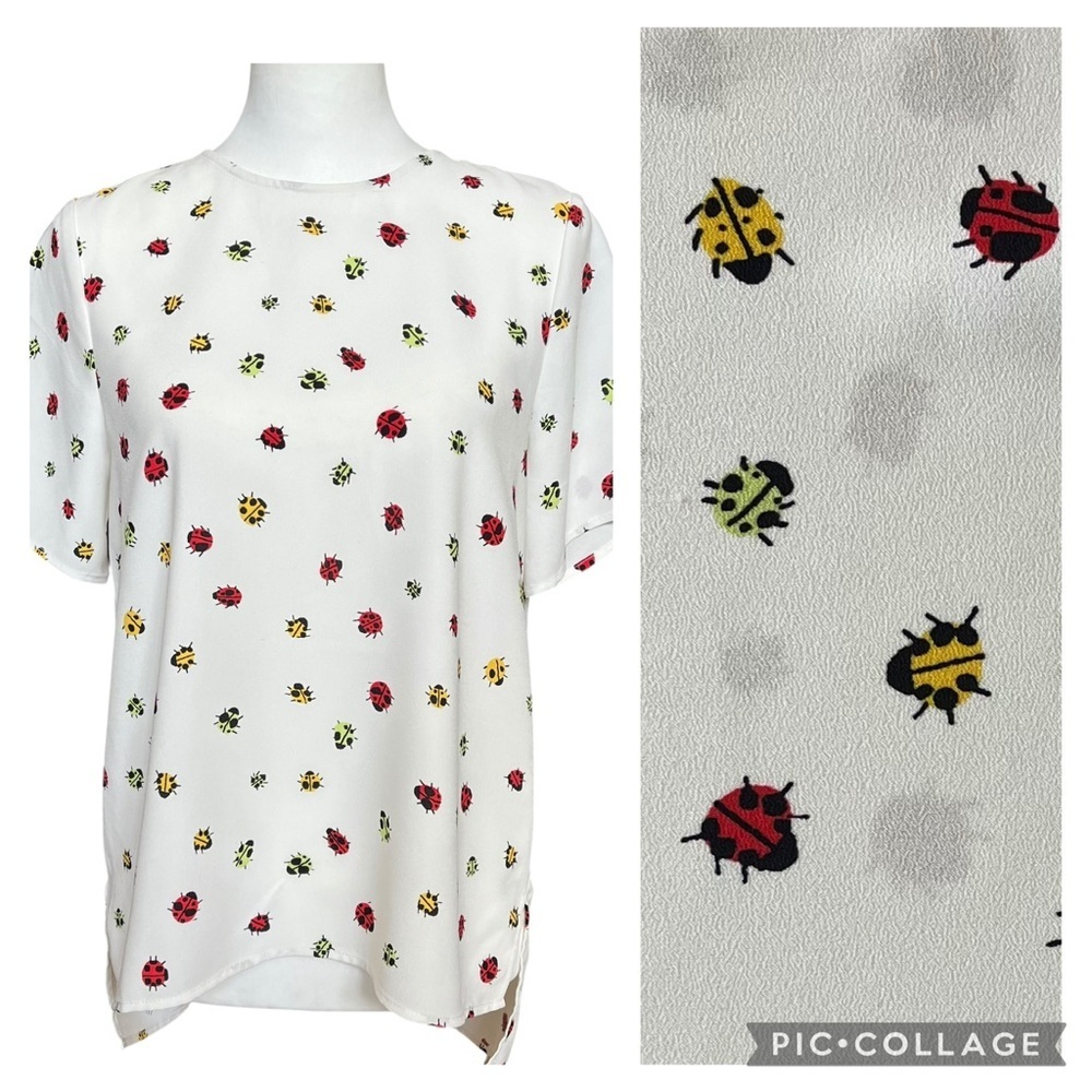 ModCloth Blouse Size XS White Lady Bug High Low Novelty Short Sleeve
